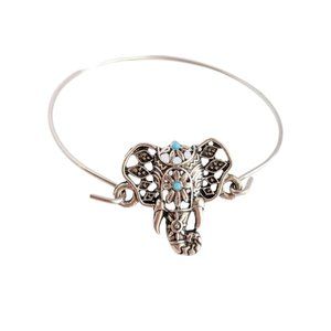 Turquoise Silvertone Bangle Hook Elephant Bracelet Bohemian